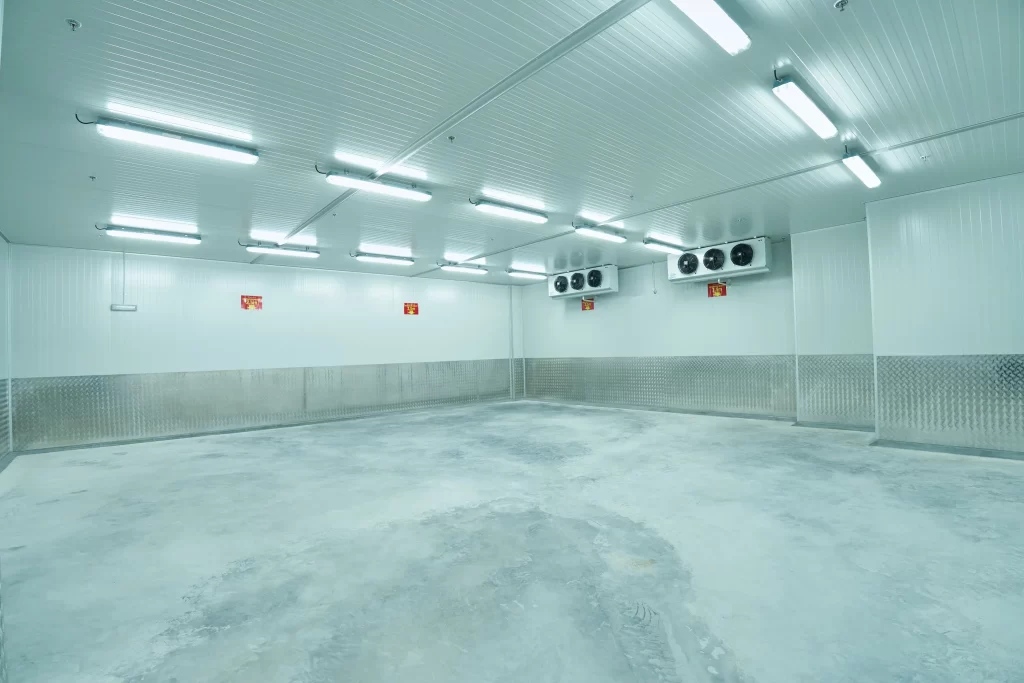 Large chiller or freezer room at MustardSeed@SG ColdStore, with bright lighting, dual blowers and clean and well-maintained floors