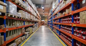 Large operational warehouse within the Singapore G Building with high ceilings, racks of inventory and wide walkways.