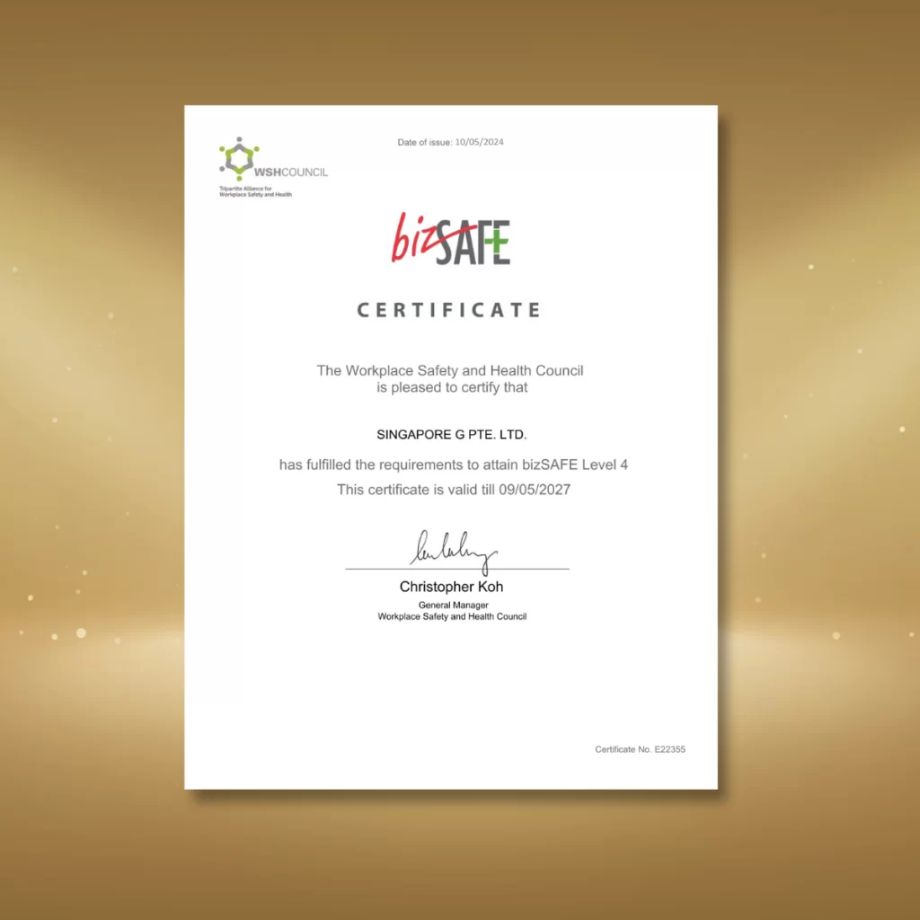 bizSAFE Level 4 Certificate awarded by the Workplace Safety and Health Council to Singapore G in 2024