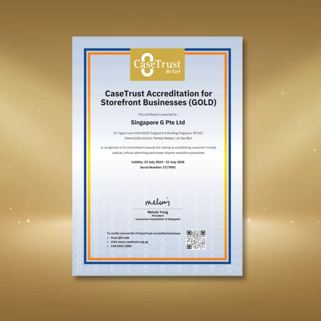 CaseTrust Gold Accreditation certificate awarded by the Consumers Association of Singapore to Singapore G in 2024