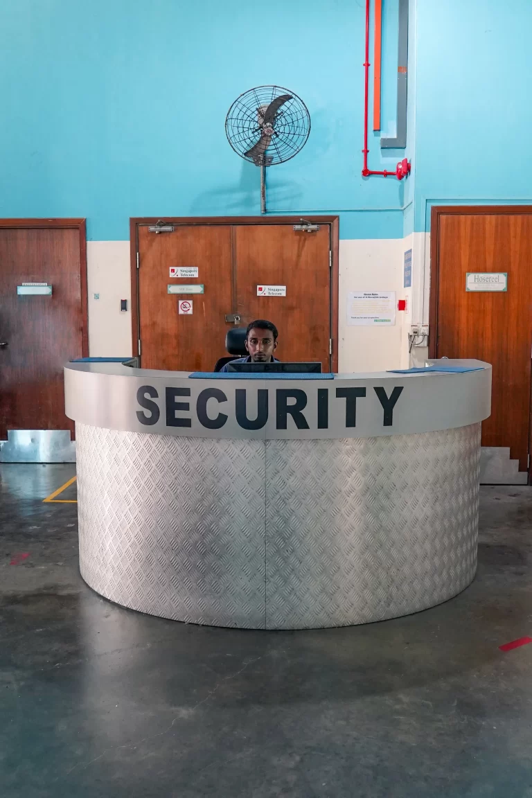 Manned security guard post at loading bay of building