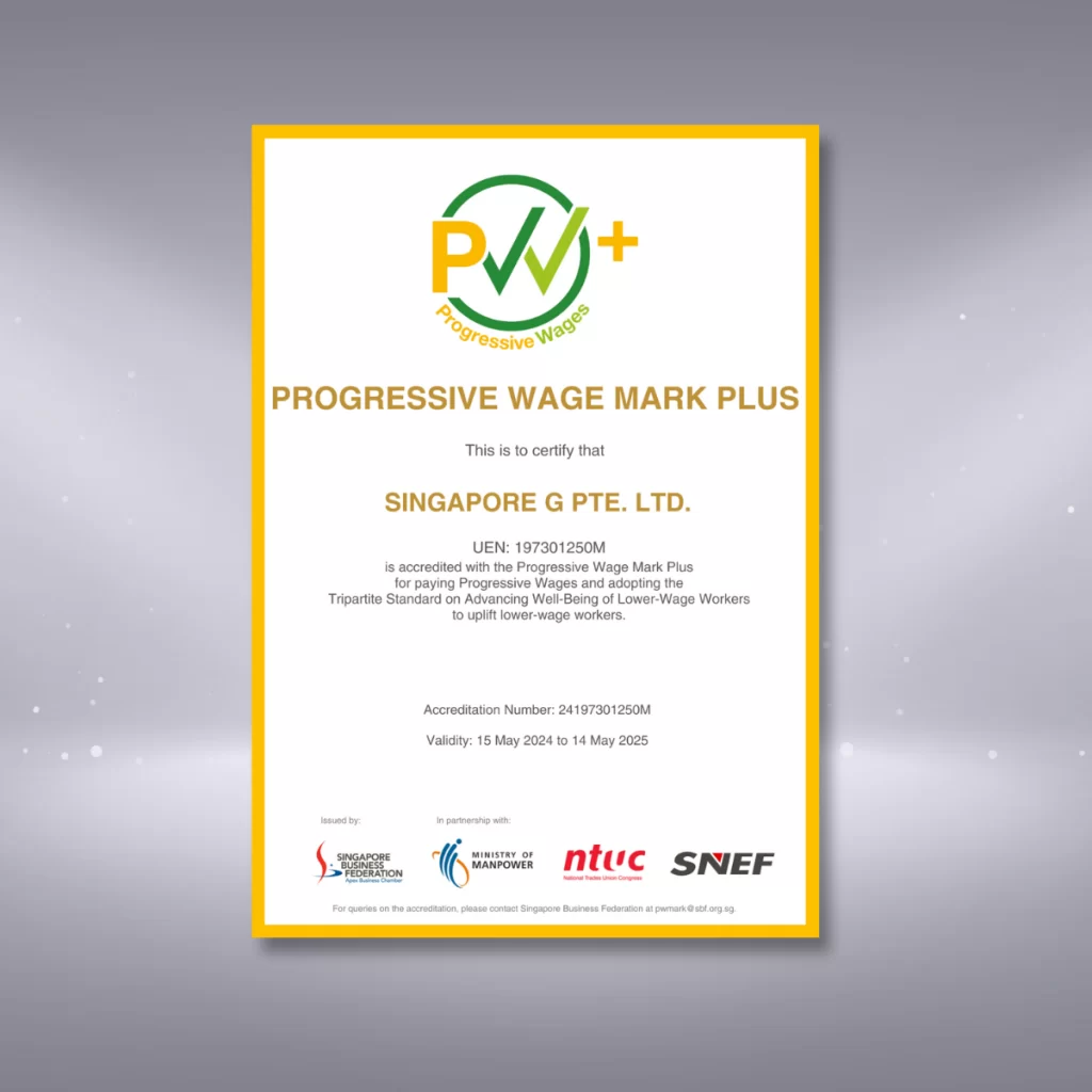 Progressive Wage Mark Plus Award certificate awarded by the Singapore Business Federation to Singapore G in 2024